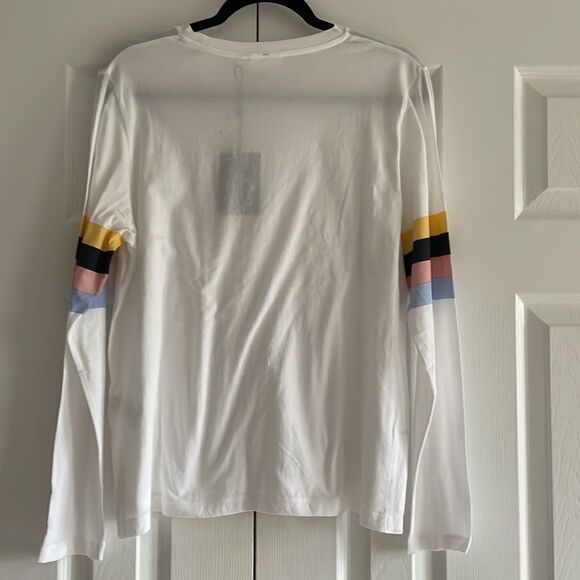 The Upside Women’s Long Sleeve White Top with Multi Color Arm Stripes - Picture 5 of 7